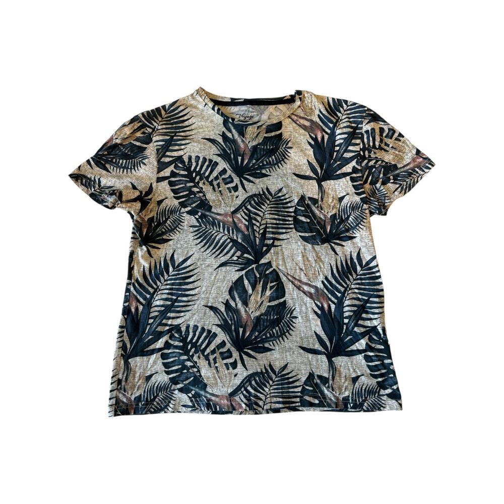Voyage Men’s Tropical Leaf Print T-Shirt Size M Beige Black Short Sleeve Casual